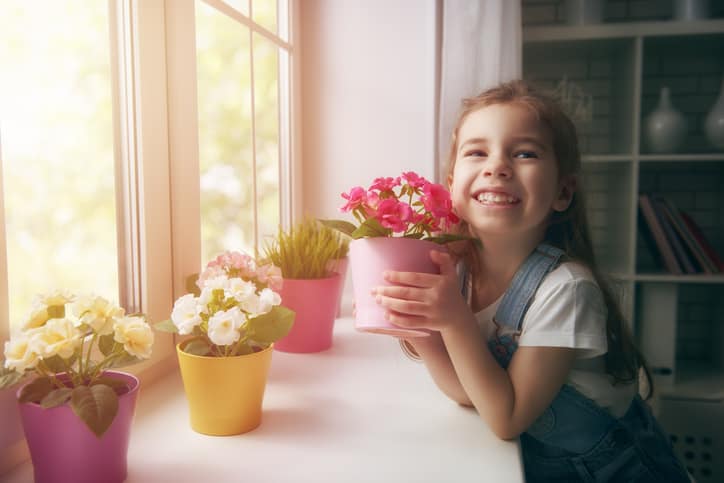 dziewczynka stawia kwiaty w doniczkach na oknie
